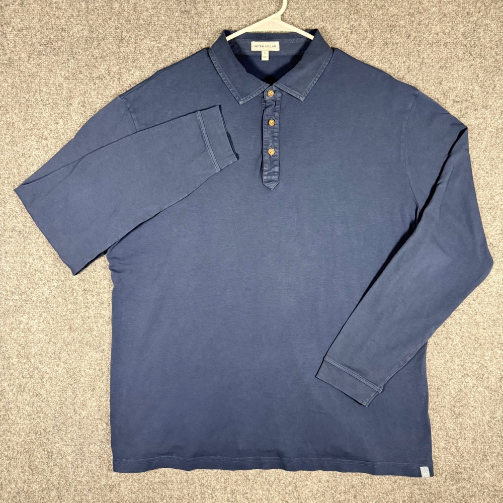 Peter Millar Long Sleeve Polo Shirt Mens Large Blue Pima Cotton Stretch Casual